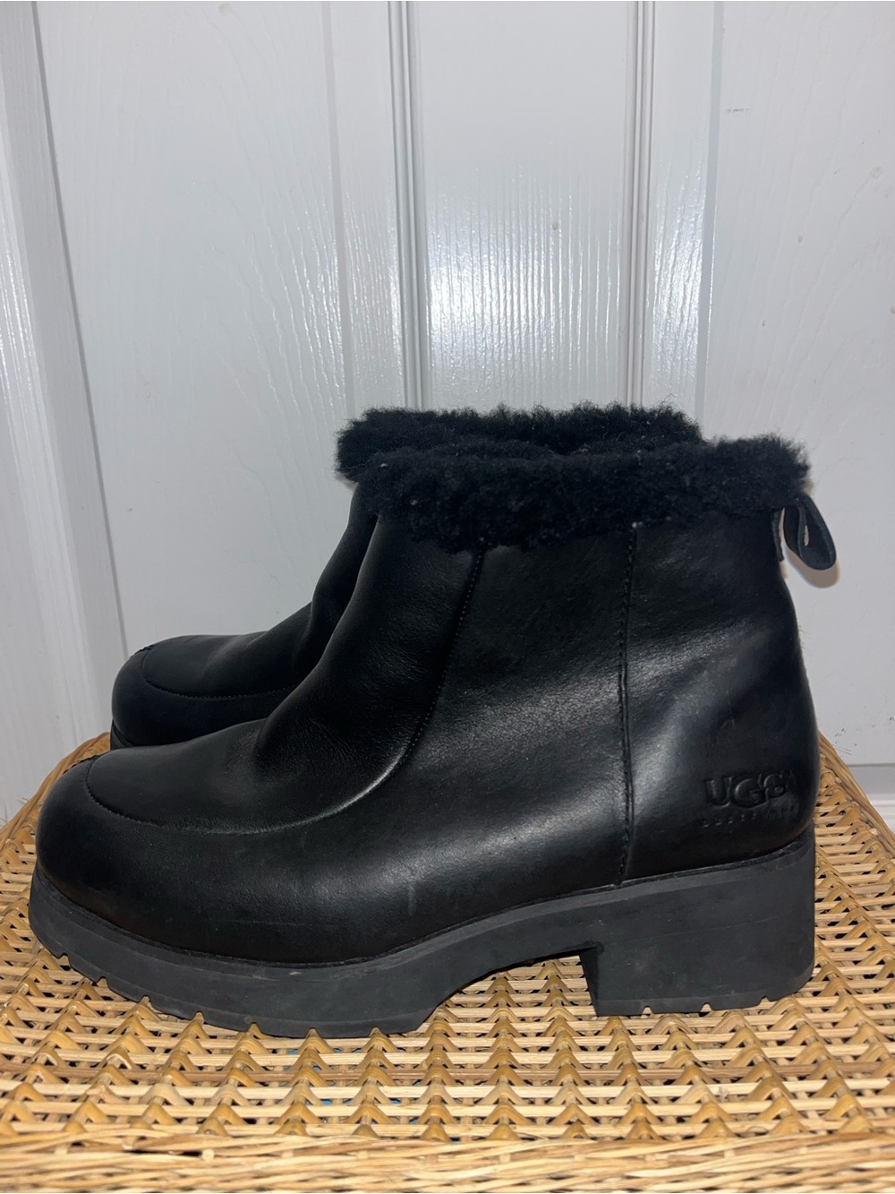 UGG Black Leather Shearling-Trim Ankle Booties